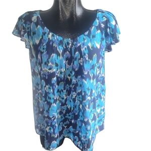 Jessica Blue Patterned Short Ruffled Sleeve Top Size LP